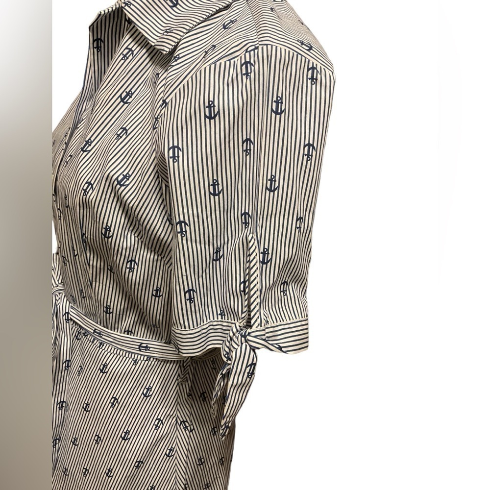 Chloe+rene Blue White Stripe Anchor Button Down Tie Front Knee Length Dress - Picture 5 of 8